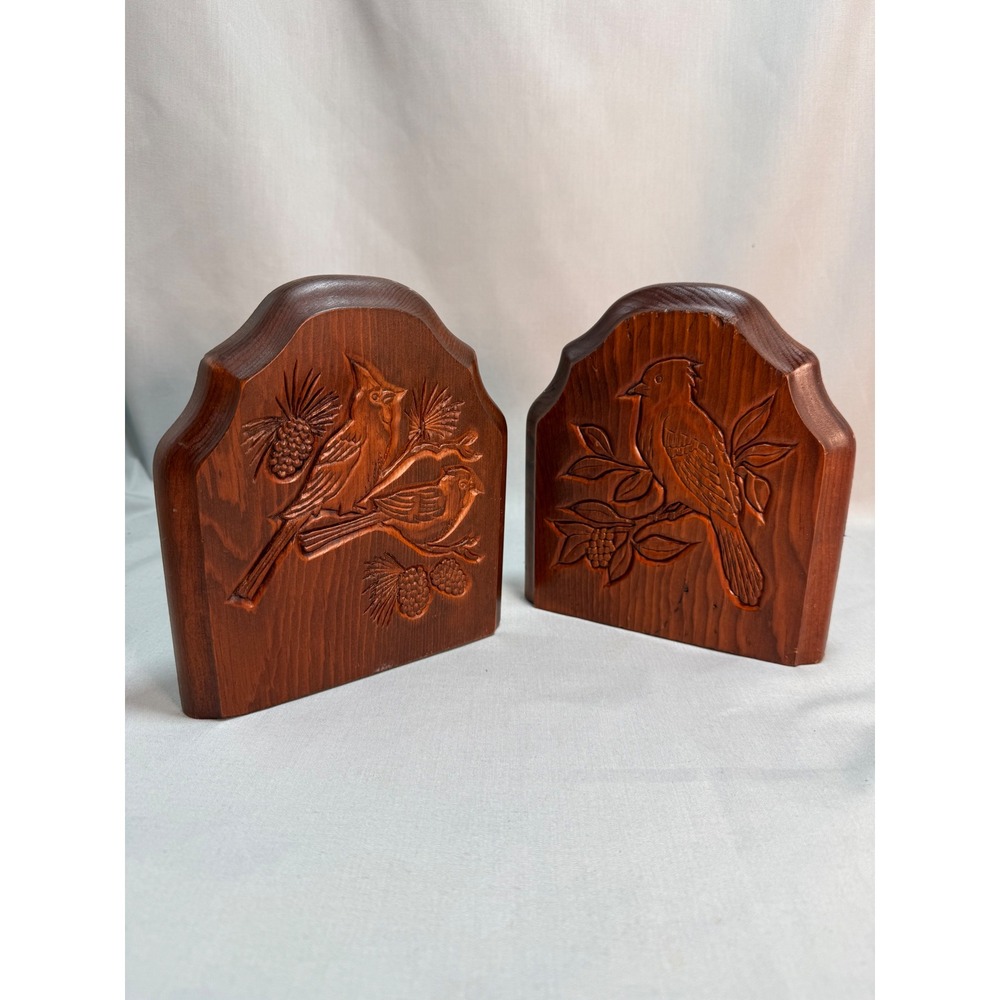 Vintage Bookends Brown Carved Wood Cardinal Bird Pinecone Rustic Cabin Decor